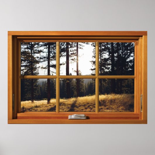 Faux Wooden Window Illusion - Autumn Pine Trees Poster (Voorkant)
