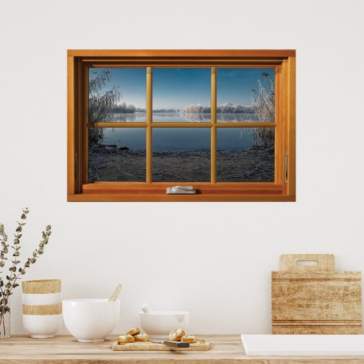 Faux Wooden Window Illusion - Frosty Winter Uitzic Poster (Keuken)