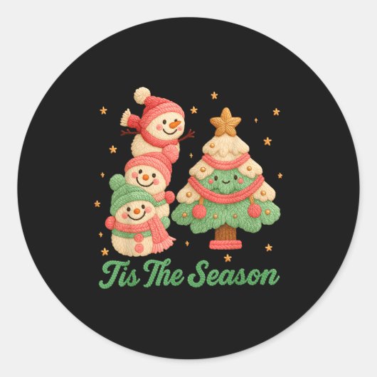 Faux Yarn Crochet Snowman And Christmas Tree Ronde Sticker (Voorkant)