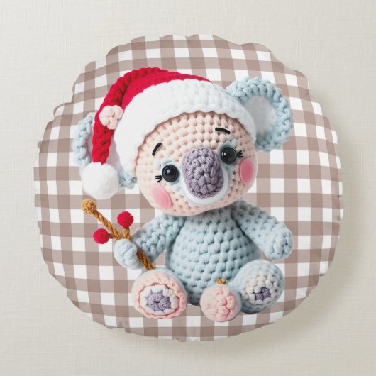 Faux Yarn Notch-Hook Koala Christmas Design Rond Kussen (Voorkant)