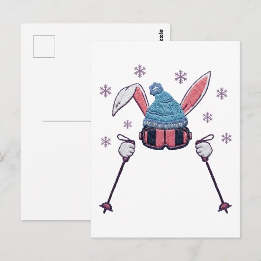 Faux yarn skiing rabbit winter humor briefkaart (Voorkant / Achterkant)