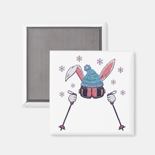 Faux yarn skiing rabbit winter humor magneet (Voorkant / Achterkant)