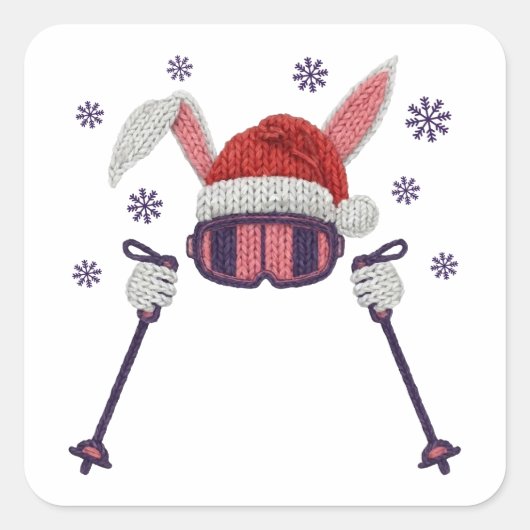 Faux yarn skiing rabbit with Santa hat winter humo Vierkante Sticker (Voorkant)