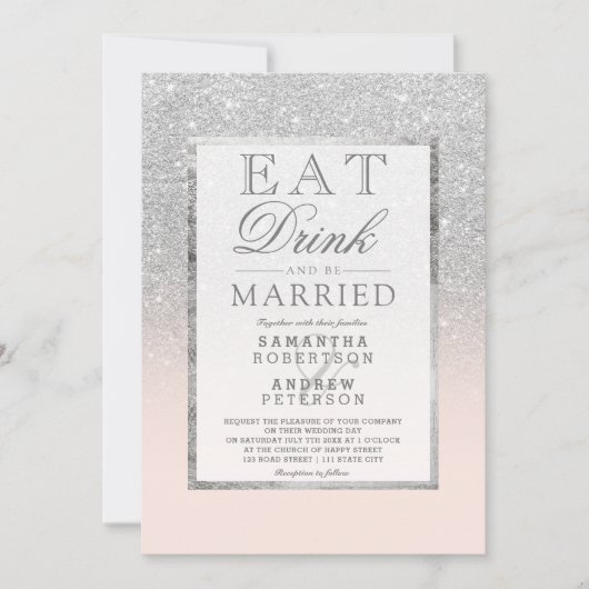 Faux zilver glitter blush roze eet drink bruiloft kaart (Voorkant)