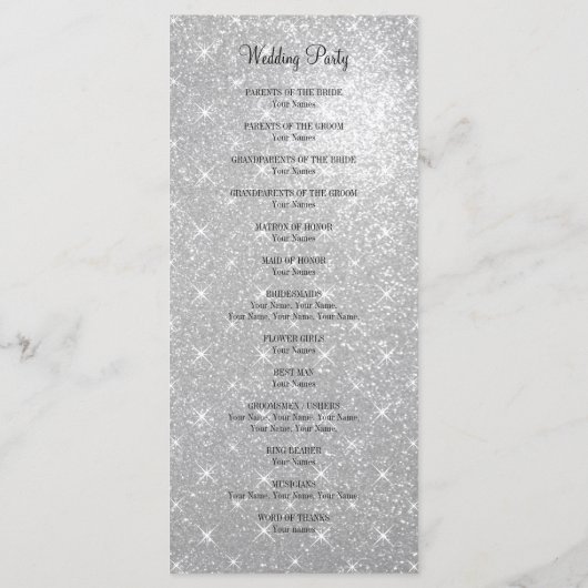 Faux zilver glitter bruiloft ceremonie programma programmakaart (Achterkant)
