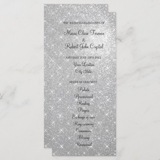 Faux zilver glitter bruiloft ceremonie programma programmakaart (Voorkant / Achterkant)