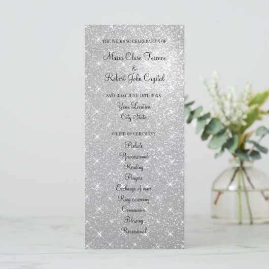 Faux zilver glitter bruiloft ceremonie programma programmakaart (Staand voorkant)