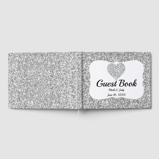 Faux Zilver Glitter Diamant Hart Bruiloft Gastenboek (Volledig)