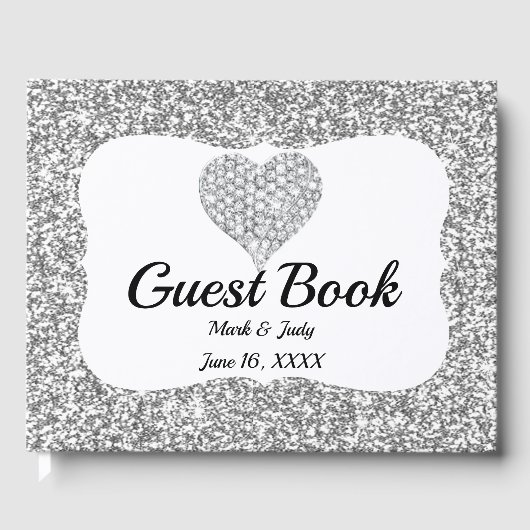 Faux Zilver Glitter Diamant Hart Bruiloft Gastenboek (Voorkant)