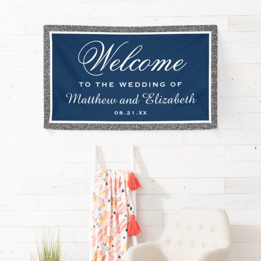 Faux Zilver Glitter Marine Blauw Bruiloft Welkom Spandoek (Insitu)