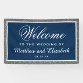 Faux Zilver Glitter Marine Blauw Bruiloft Welkom Spandoek (Horizontaal)