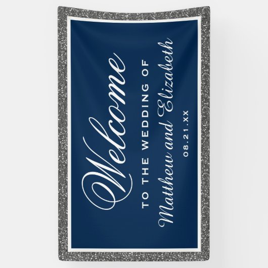 Faux Zilver Glitter Marine Blauw Bruiloft Welkom Spandoek (Verticaal)