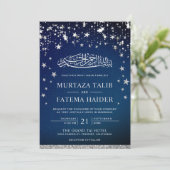 Faux Zilver Glitter Sterren Blauw Moslim Bruiloft Kaart (Staand voorkant)