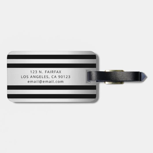 Faux zilver grijs & zwart strepen | Naam & Initial Bagagelabel (Achterkant horizontaal)