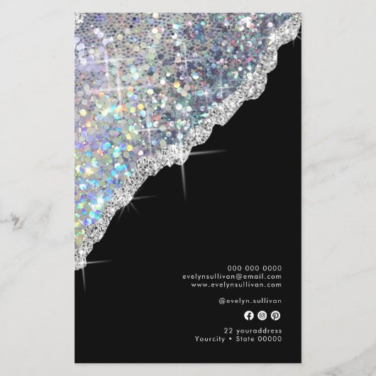 Faux zilver iriserende glitter prijslijst flyer (Achterkant)