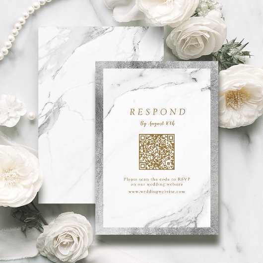 Faux zilver marmer luxe moderne bruiloft QR code RSVP Kaartje