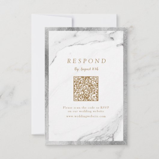Faux zilver marmer luxe moderne bruiloft QR code RSVP Kaartje (Voorkant)