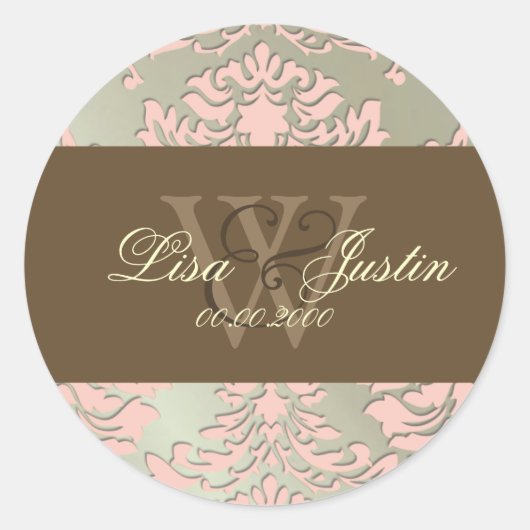 Faux zilver/roze Damask monogram bruiloft stickers (Voorkant)