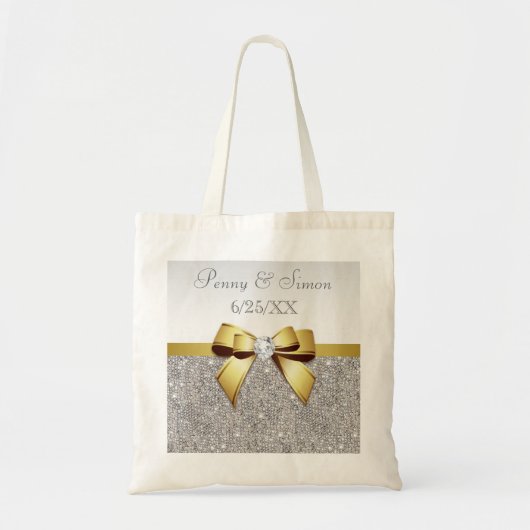 Faux Zilver Sequins Gouden Boog Bruiloft Favor Tote Bag (Voorkant)