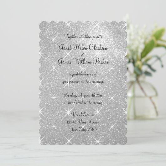 Faux zilver sparkly glitter bruiloft uitnodigingen (Staand voorkant)