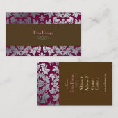 Faux zilveren barokke damast en merlot + chocolade visitekaartje (Voorkant / Achterkant)