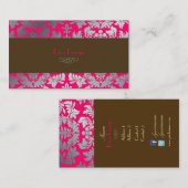 Faux zilveren barokke damast hot pink + chocolade visitekaartje (Voorkant / Achterkant)