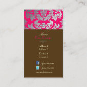 Faux zilveren barokke damast hot pink + chocolade visitekaartje (Achterkant)