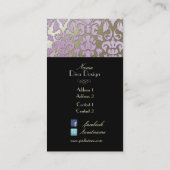 Faux zilveren barokke damast lila//zwart visitekaartje (Achterkant)