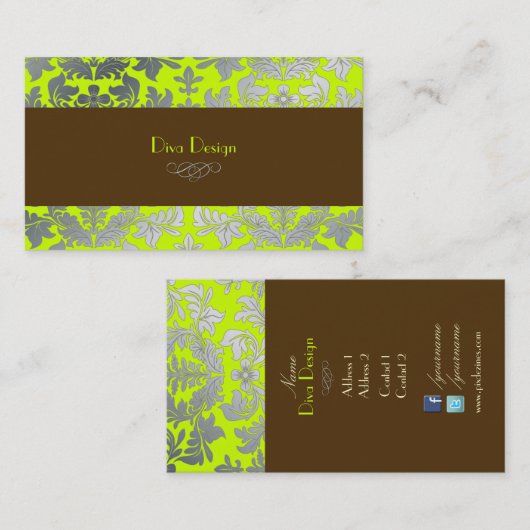 Faux zilveren barokke damast limoen + chocolade visitekaartje (Voorkant / Achterkant)