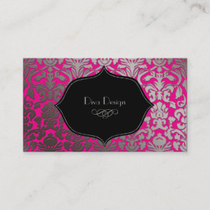 Faux zilveren barokke damast / zwart / hot pink visitekaartje