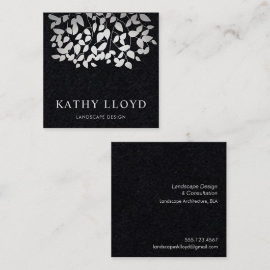 Faux Zilveren bladeren Landschapsontwerper Zwart Vierkante Visitekaartje (Voorkant / Achterkant)