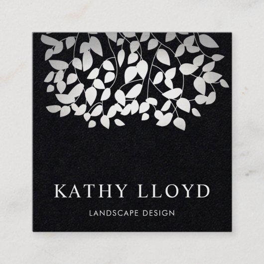 Faux Zilveren bladeren Landschapsontwerper Zwart Vierkante Visitekaartje (Voorkant)