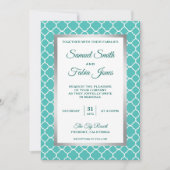 Faux Zilveren Folie Blauwgroen Quatrefoil Bruiloft Kaart (Voorkant)