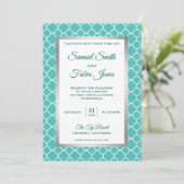Faux Zilveren Folie Blauwgroen Quatrefoil Bruiloft Kaart (Staand voorkant)