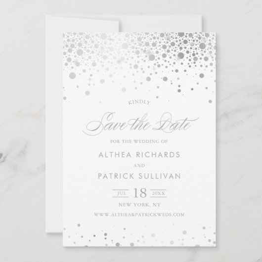 Faux Zilveren Folie Confetti Stippen Bruiloft Save The Date (Voorkant)