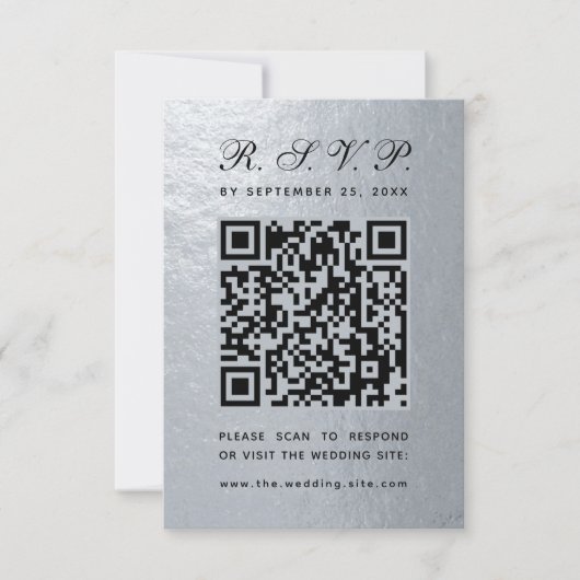 Faux Zilveren Folie QR Code Zwart Script Trouwen RSVP Kaartje (Voorkant)