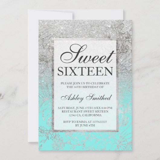 Faux zilveren glitter blauwgroen floral chic Sweet Kaart (Voorkant)
