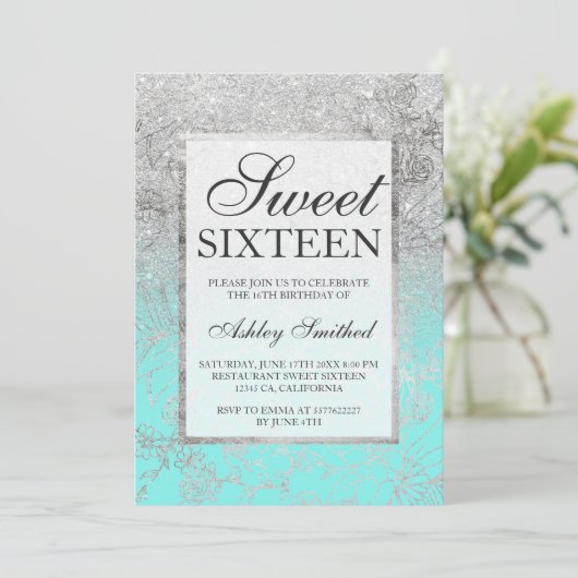 Faux zilveren glitter blauwgroen floral chic Sweet Kaart (Staand voorkant)