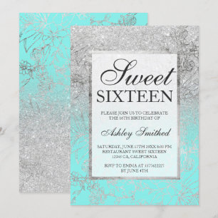 Faux zilveren glitter blauwgroen floral chic Sweet Kaart