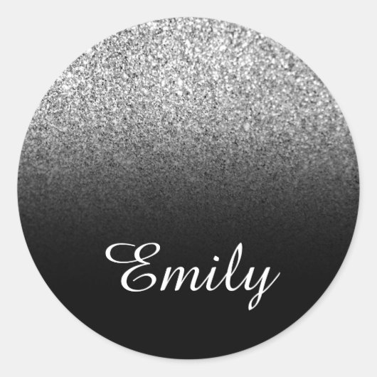 Faux zilveren glitter en zwart verloop ronde sticker (Voorkant)