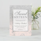 Faux zilveren glitter roze marmer elegant Sweet 16 Kaart (Staand voorkant)