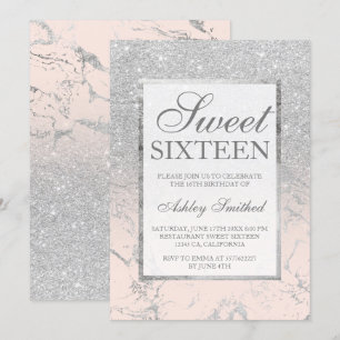 Faux zilveren glitter roze marmer elegant Sweet 16 Kaart
