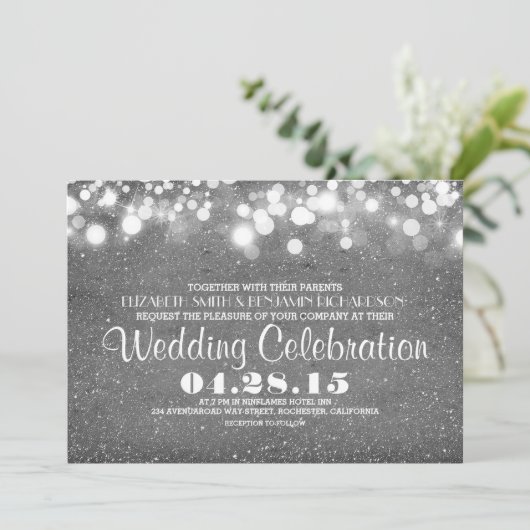 Faux zilveren glitter string lichten bruiloft uitn kaart (Staand voorkant)