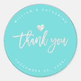 Faux Zilveren Hart Dank u DIY Kleur Turquoise Ronde Sticker