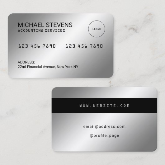 Faux zilveren metallic creditcard looks visitekaartje (Voorkant / Achterkant)