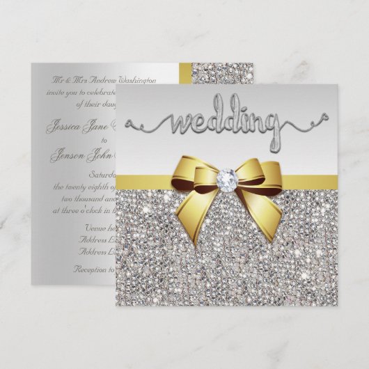 Faux zilveren pailletten gouden boog bruiloft kaart (Voorkant / Achterkant)