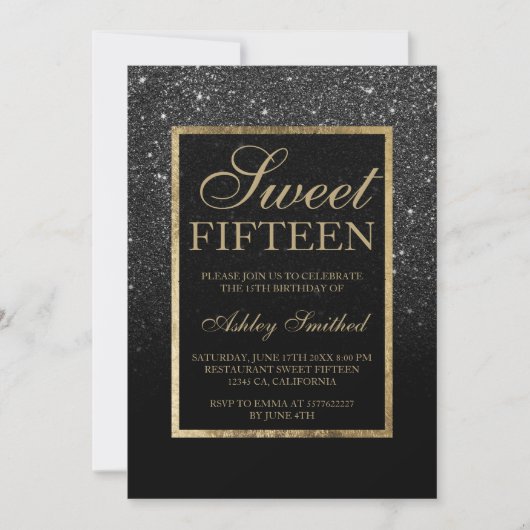 Faux zwart glitter goud elegant chic Sweet 15 Kaart (Voorkant)