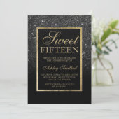 Faux zwart glitter goud elegant chic Sweet 15 Kaart (Staand voorkant)