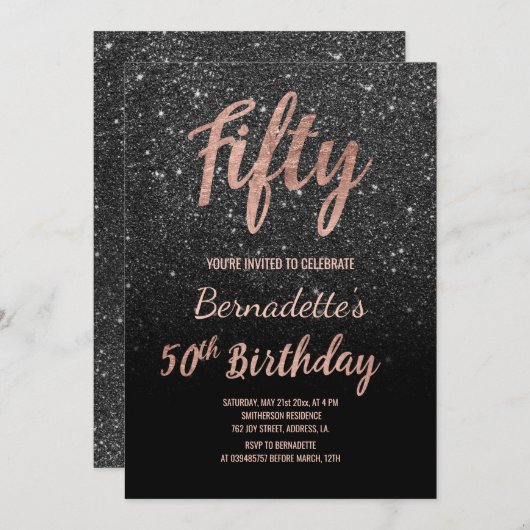 Faux zwart glitter script roos goud 50th Birthday Kaart (Voorkant / Achterkant)