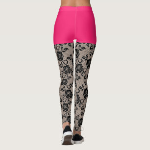 Faux Zwart Kant Fishnet Grappige Leggings Roze Kor